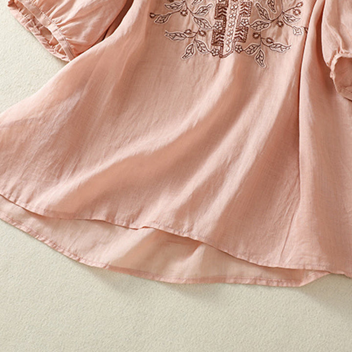 Maglietta casual da donna in cotone e lino con maniche corte, in pizzo ricamato con Buddha Stones - image 26