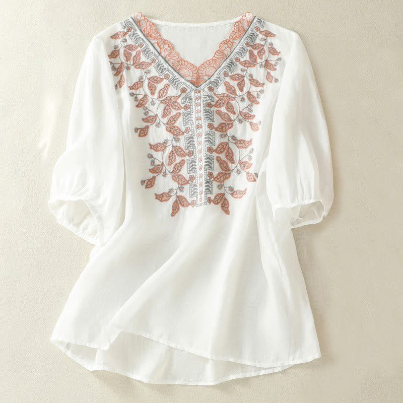 Maglietta casual da donna in cotone e lino con maniche corte, in pizzo ricamato con Buddha Stones - Bianco - US8-10, UK/AU12-14, EU40-42 (2XL) - image 29