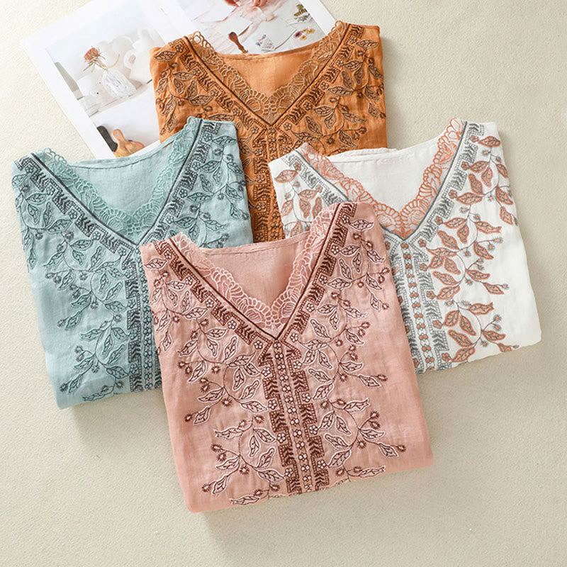 Maglietta casual da donna in cotone e lino con maniche corte, in pizzo ricamato con Buddha Stones - image 37