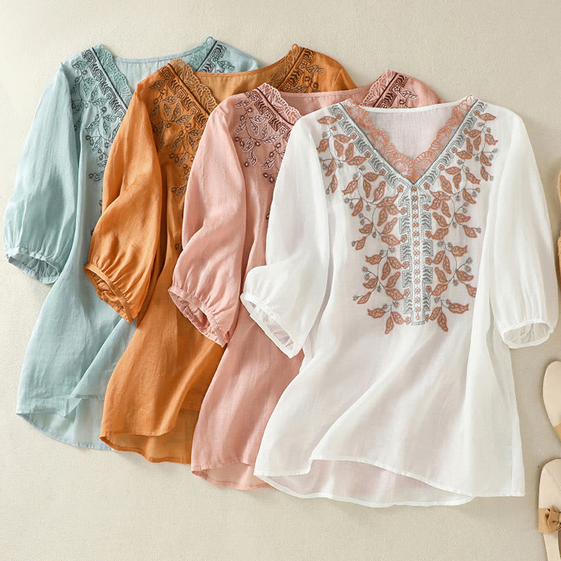 Maglietta casual da donna in cotone e lino con maniche corte, in pizzo ricamato con Buddha Stones - image 35