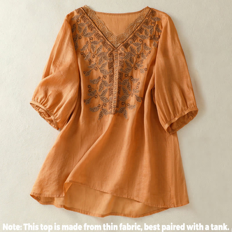 Maglietta casual da donna in cotone e lino con maniche corte, in pizzo ricamato con Buddha Stones - image 2