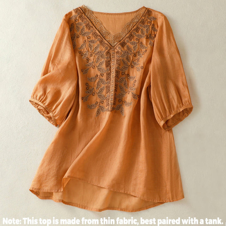 Maglietta casual da donna in cotone e lino con maniche corte, in pizzo ricamato con Buddha Stones - image 2