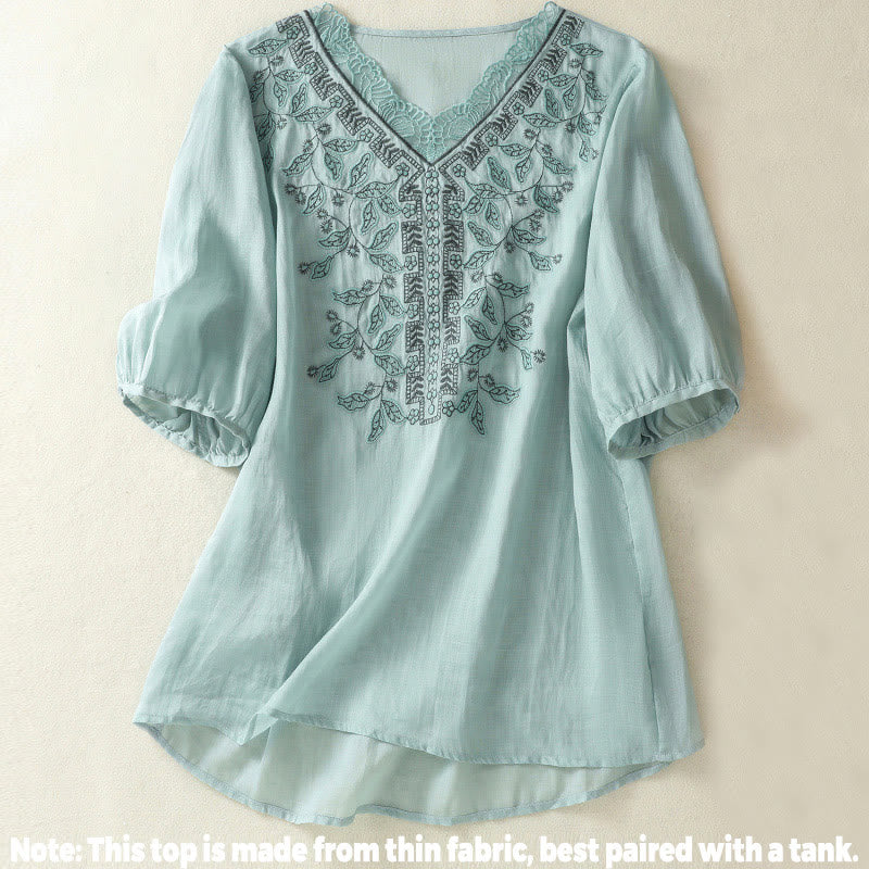 Maglietta casual da donna in cotone e lino con maniche corte, in pizzo ricamato con Buddha Stones - image 9