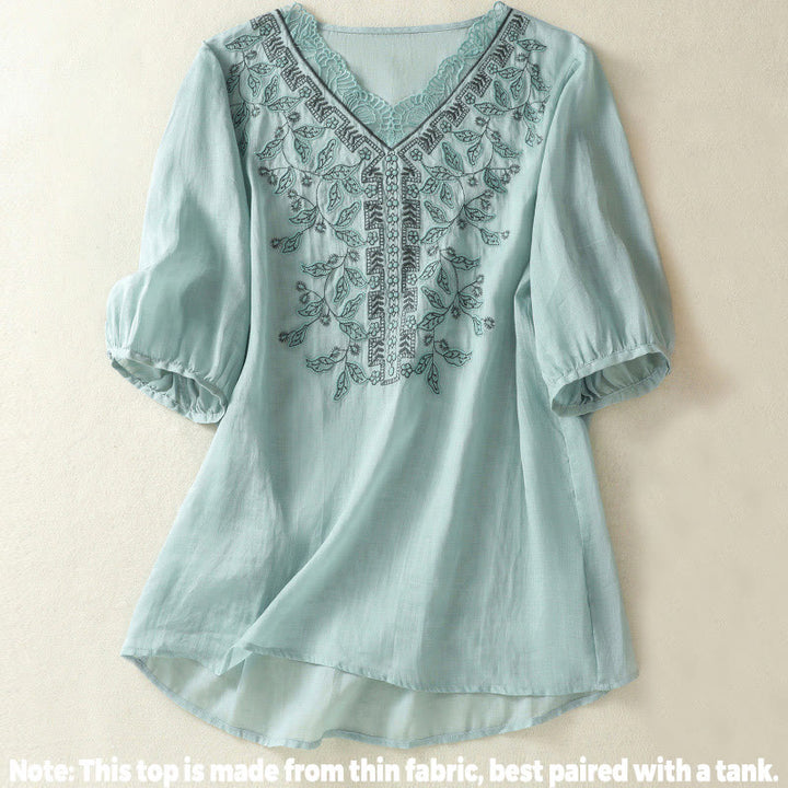 Maglietta casual da donna in cotone e lino con maniche corte, in pizzo ricamato con Buddha Stones - image 9