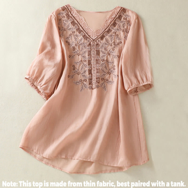 Maglietta casual da donna in cotone e lino con maniche corte, in pizzo ricamato con Buddha Stones - image 20