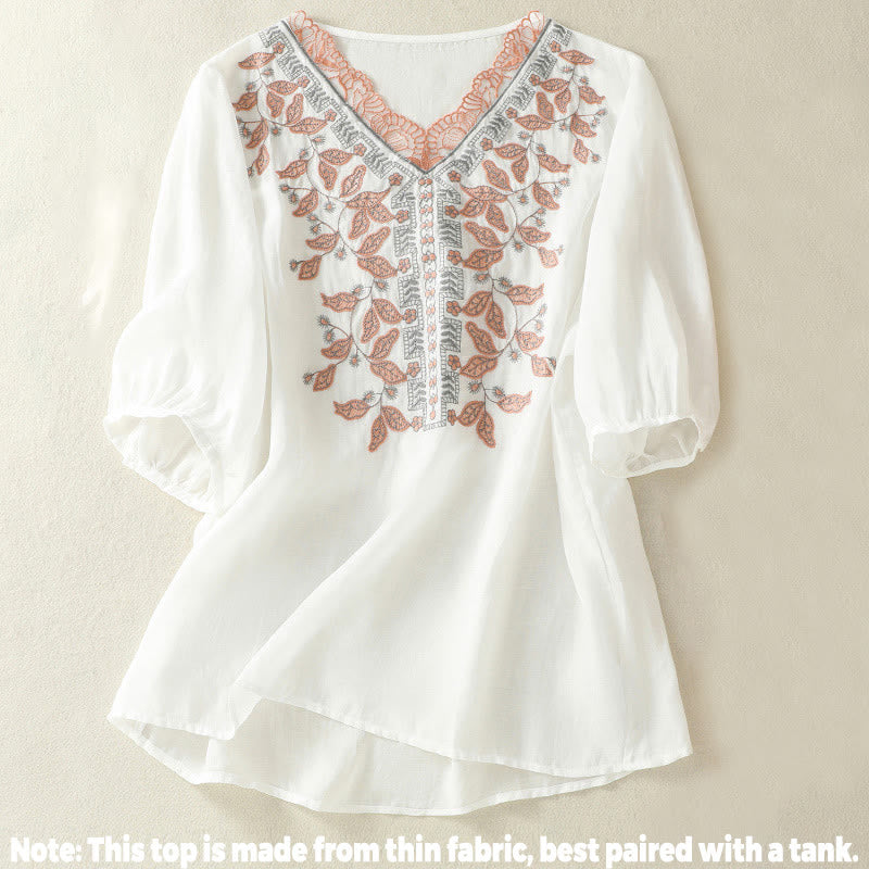 Maglietta casual da donna in cotone e lino con maniche corte, in pizzo ricamato con Buddha Stones - image 31