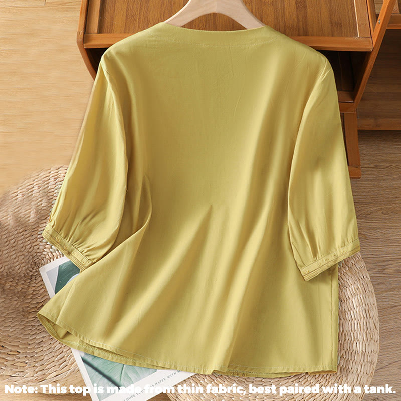 Maglietta da donna in cotone con scollo a V e ricamo simmetrico Buddha Stones - image 15