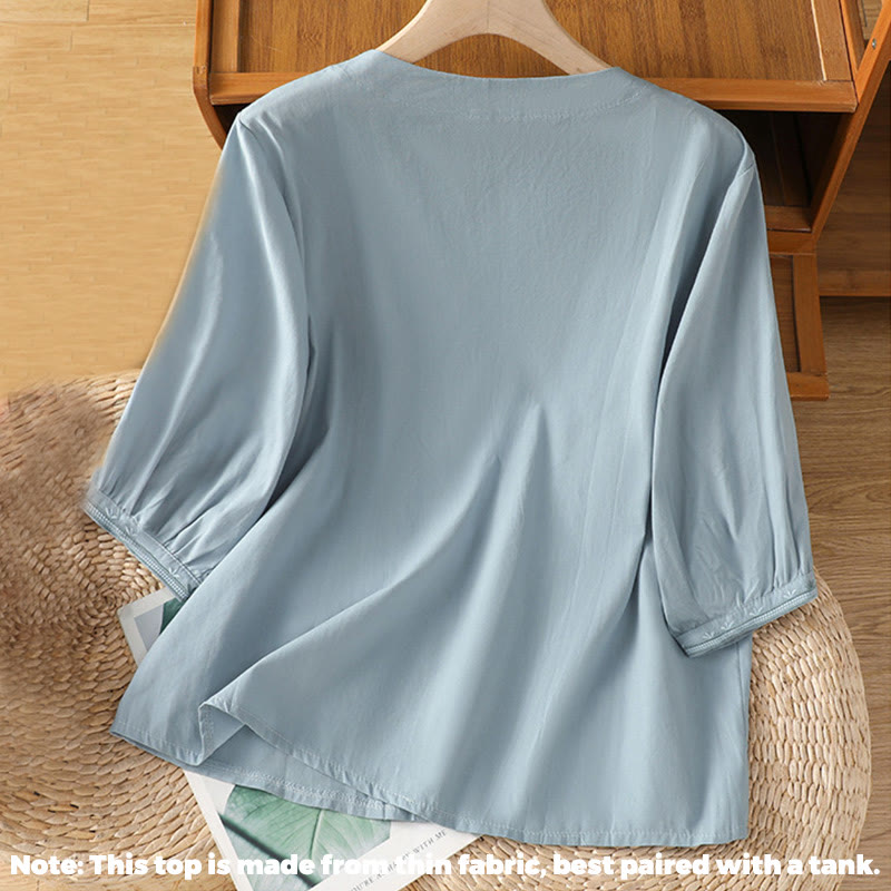 Maglietta da donna in cotone con scollo a V e ricamo simmetrico Buddha Stones - image 7