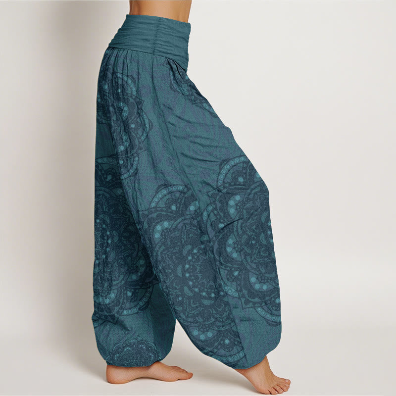 Pantaloni harem da donna con elastico in vita, in puro cotone, con motivo paisley e mandala, motivo Buddha Stones