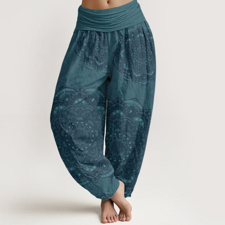 Pantaloni harem da donna con elastico in vita, in puro cotone, con motivo paisley e mandala, motivo Buddha Stones