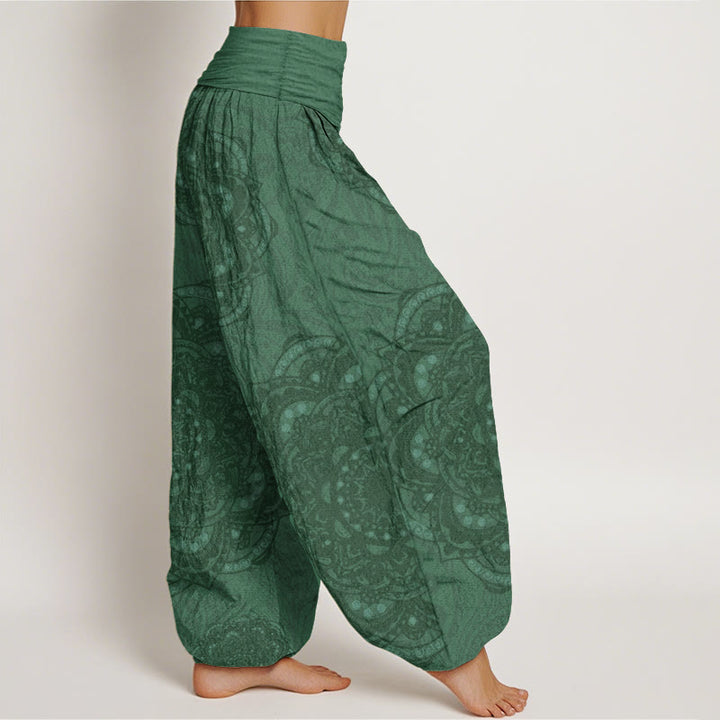 Pantaloni harem da donna con elastico in vita, in puro cotone, con motivo paisley e mandala, motivo Buddha Stones
