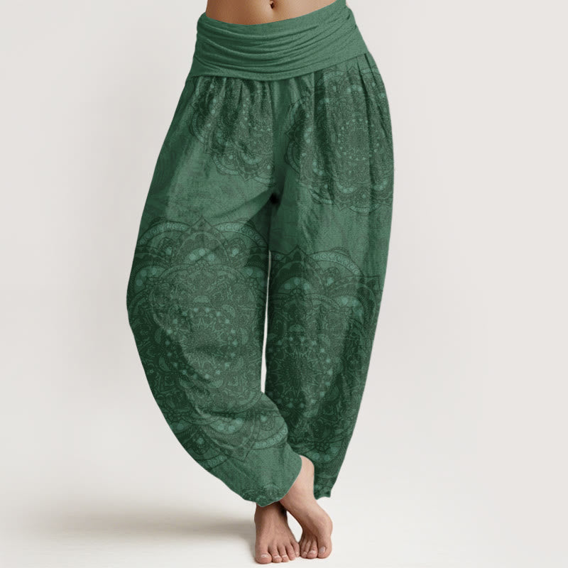 Pantaloni harem da donna con elastico in vita, in puro cotone, con motivo paisley e mandala, motivo Buddha Stones