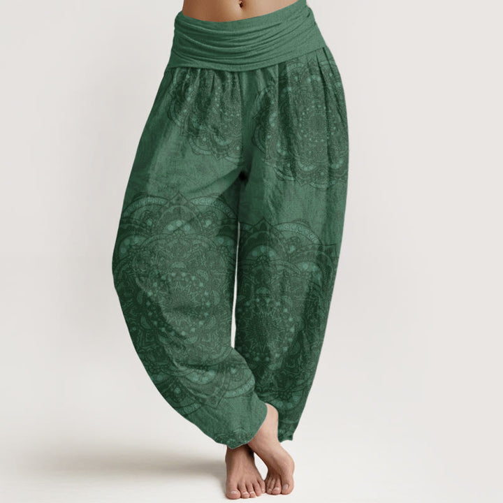Pantaloni harem da donna con elastico in vita, in puro cotone, con motivo paisley e mandala, motivo Buddha Stones