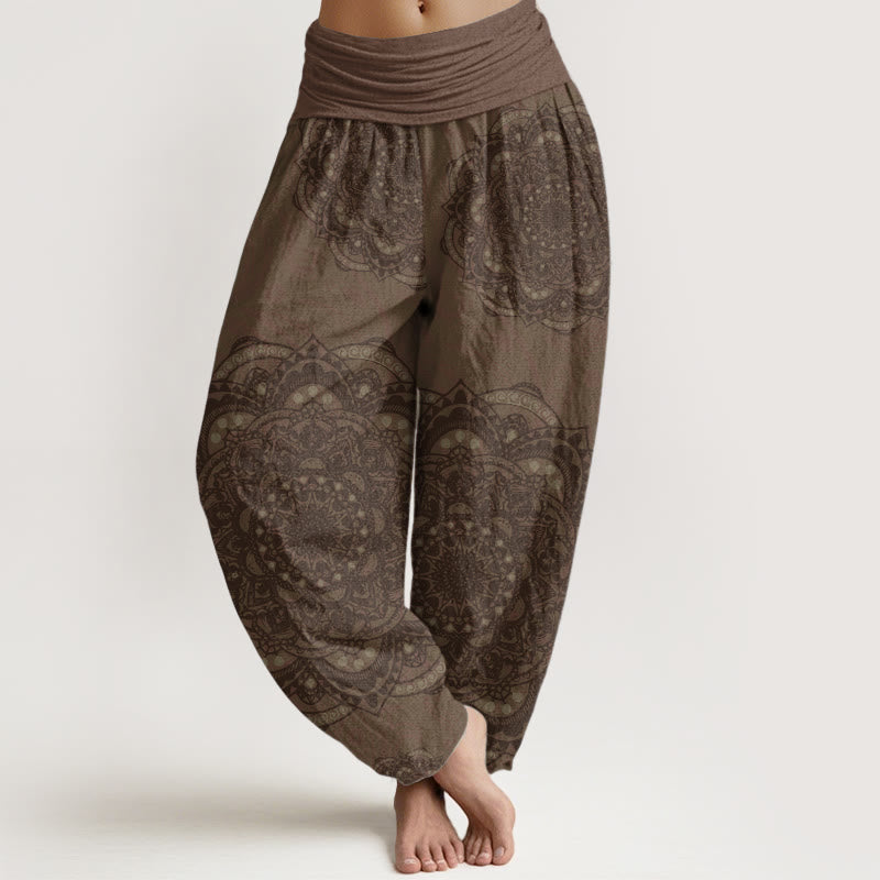 Pantaloni harem da donna con elastico in vita, in puro cotone, con motivo paisley e mandala, motivo Buddha Stones