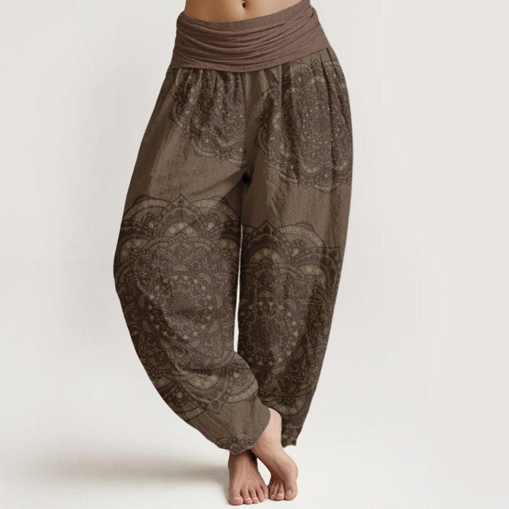 Pantaloni harem da donna con elastico in vita, in puro cotone, con motivo paisley e mandala, motivo Buddha Stones