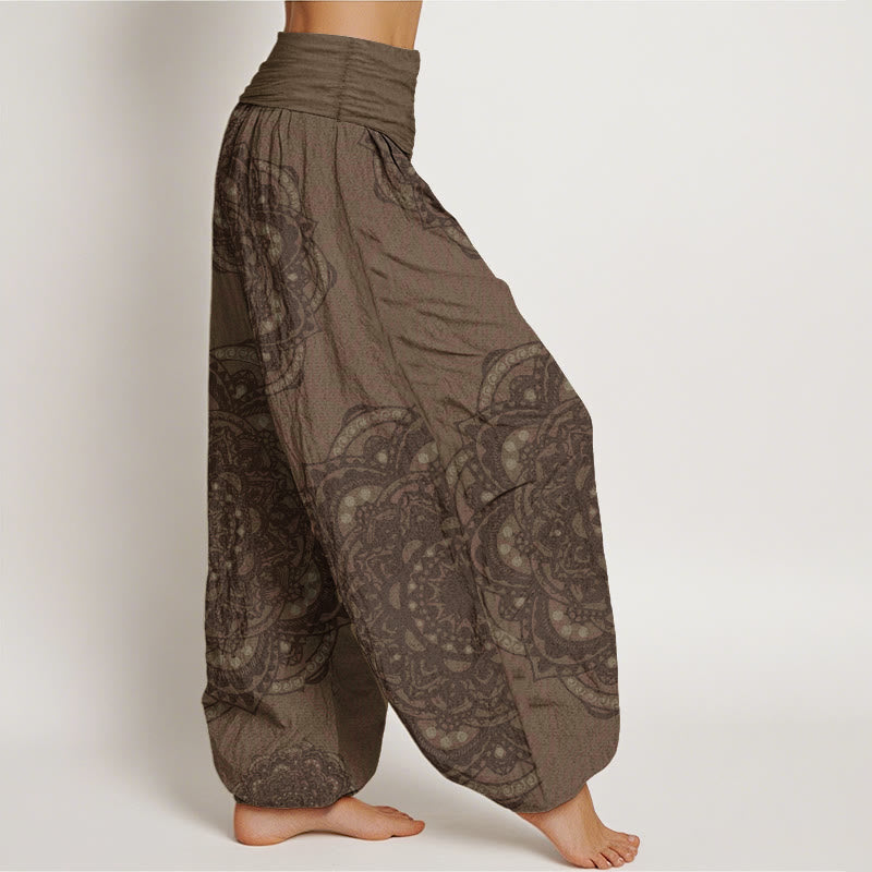 Pantaloni harem da donna con elastico in vita, in puro cotone, con motivo paisley e mandala, motivo Buddha Stones