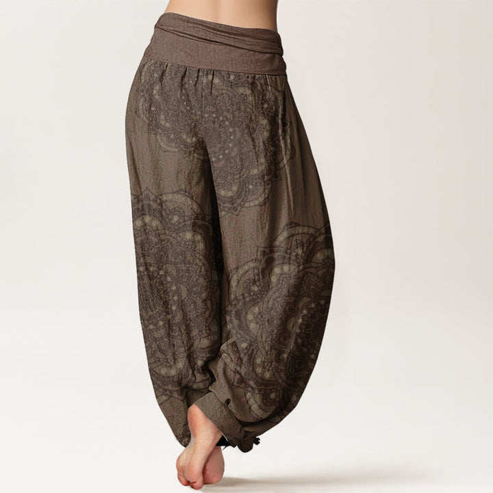 Pantaloni harem da donna con elastico in vita, in puro cotone, con motivo paisley e mandala, motivo Buddha Stones