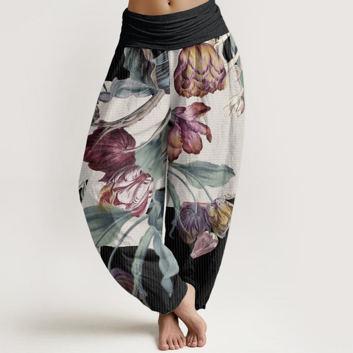 Pantaloni harem da donna con elastico in vita, in puro cotone, con motivo a tulipani e foglie verdi, motivo Buddha Stones