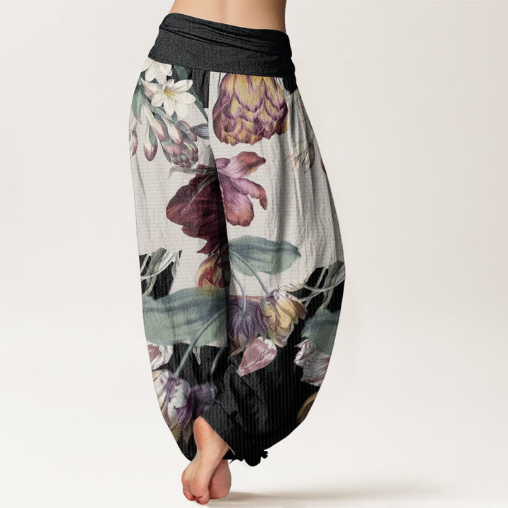Pantaloni harem da donna con elastico in vita, in puro cotone, con motivo a tulipani e foglie verdi, motivo Buddha Stones