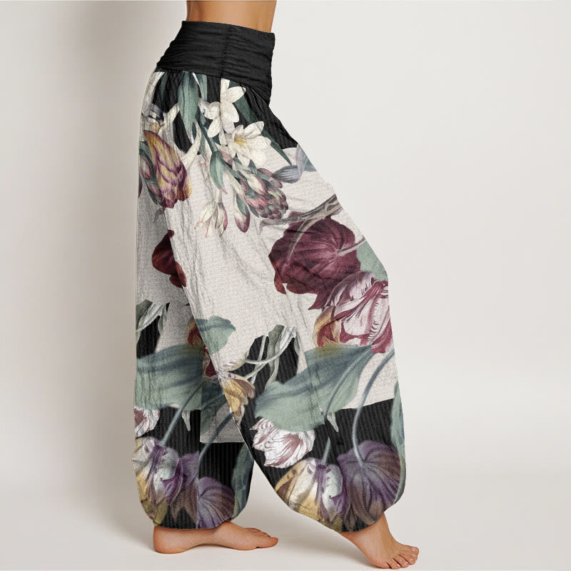 Pantaloni harem da donna con elastico in vita, in puro cotone, con motivo a tulipani e foglie verdi, motivo Buddha Stones