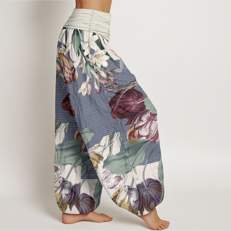 Pantaloni harem da donna con elastico in vita, in puro cotone, con motivo a tulipani e foglie verdi, motivo Buddha Stones