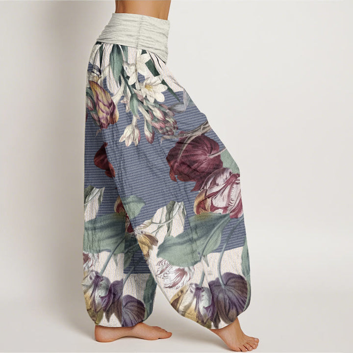 Pantaloni harem da donna con elastico in vita, in puro cotone, con motivo a tulipani e foglie verdi, motivo Buddha Stones