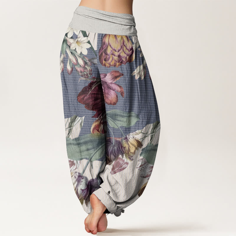 Pantaloni harem da donna con elastico in vita, in puro cotone, con motivo a tulipani e foglie verdi, motivo Buddha Stones
