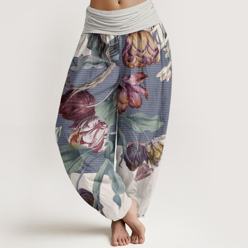Pantaloni harem da donna con elastico in vita, in puro cotone, con motivo a tulipani e foglie verdi, motivo Buddha Stones