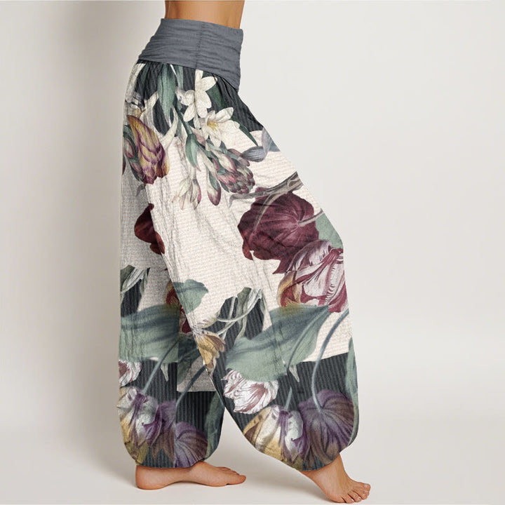 Pantaloni harem da donna con elastico in vita, in puro cotone, con motivo a tulipani e foglie verdi, motivo Buddha Stones