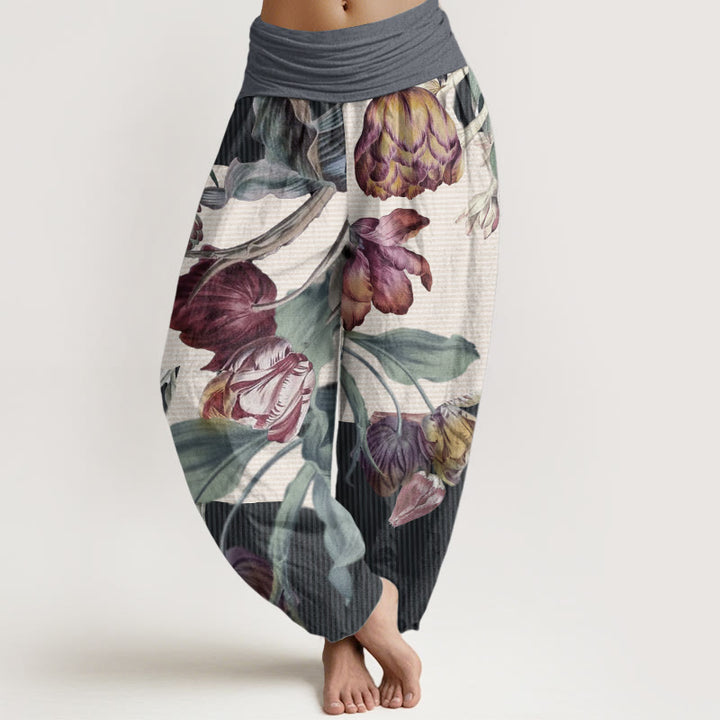 Pantaloni harem da donna con elastico in vita, in puro cotone, con motivo a tulipani e foglie verdi, motivo Buddha Stones