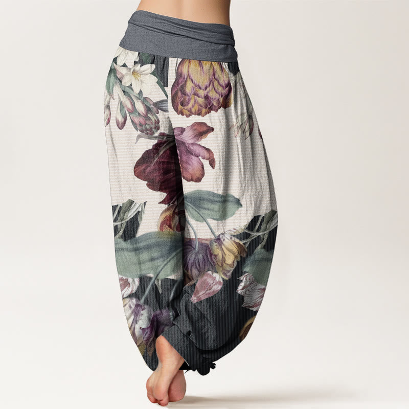 Pantaloni harem da donna con elastico in vita, in puro cotone, con motivo a tulipani e foglie verdi, motivo Buddha Stones