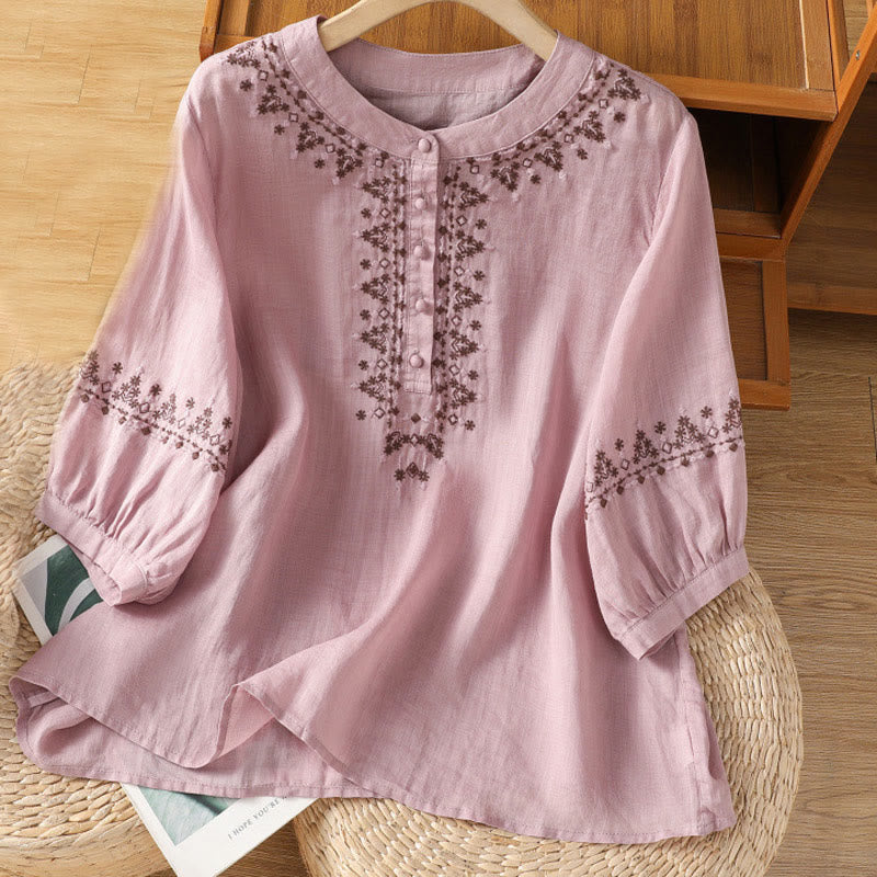 Maglietta girocollo da donna in cotone con ricamo simmetrico Buddha Stones - Prugna - US14, UK/AU18, EU46 (2XL) - image 7