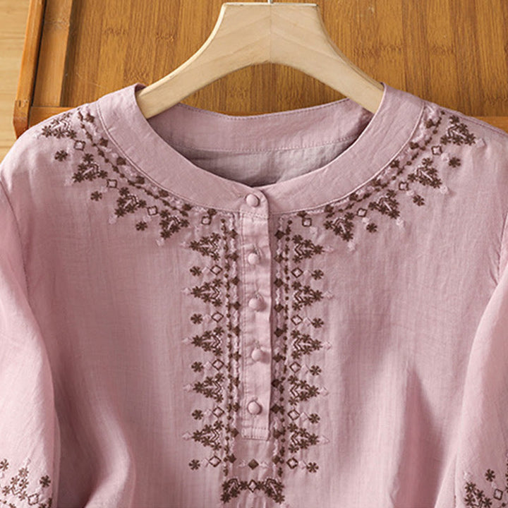 Maglietta girocollo da donna in cotone con ricamo simmetrico Buddha Stones - image 14