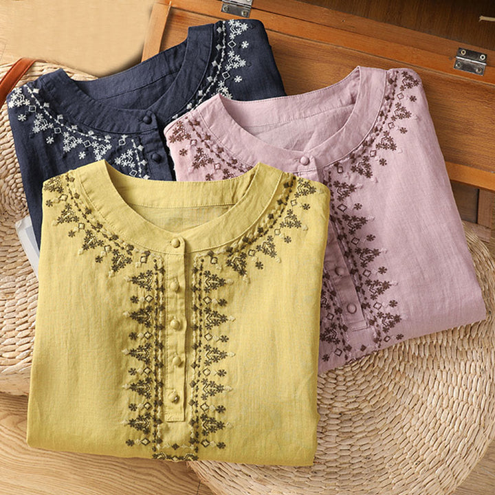 Maglietta girocollo da donna in cotone con ricamo simmetrico Buddha Stones - image 24