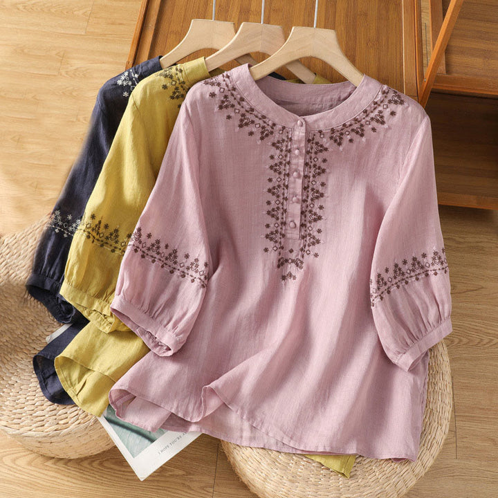 Maglietta girocollo da donna in cotone con ricamo simmetrico Buddha Stones - image 23