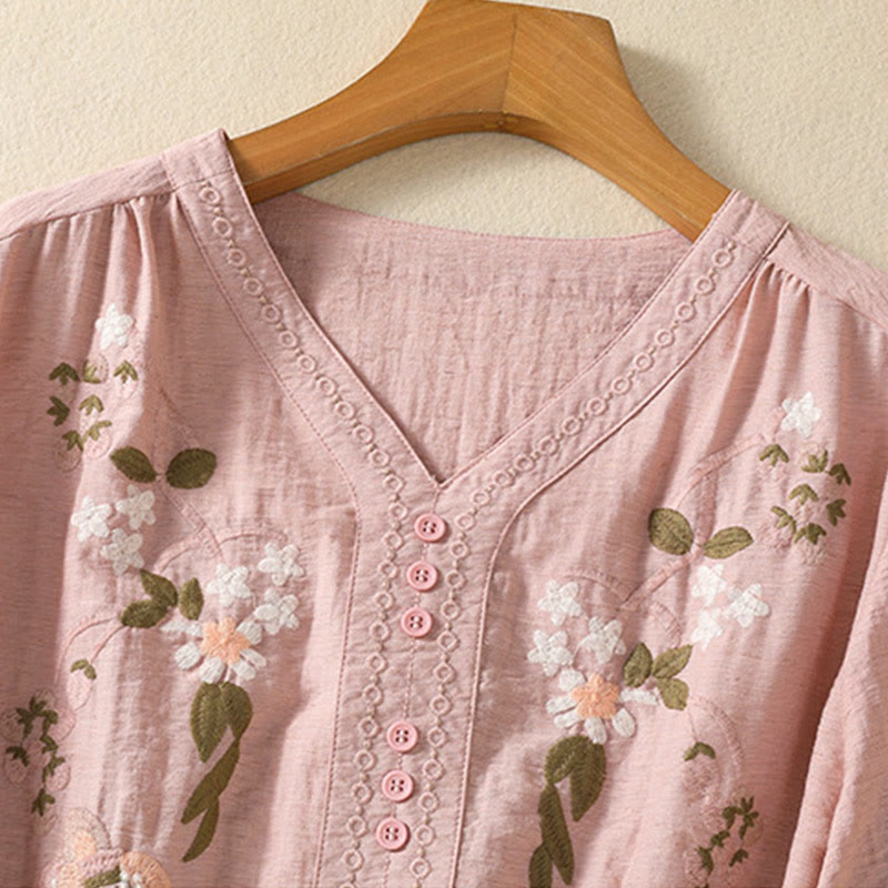 Maglietta da donna in cotone con scollo a V, ricamo Buddha Stones Flowers Leaves - image 3