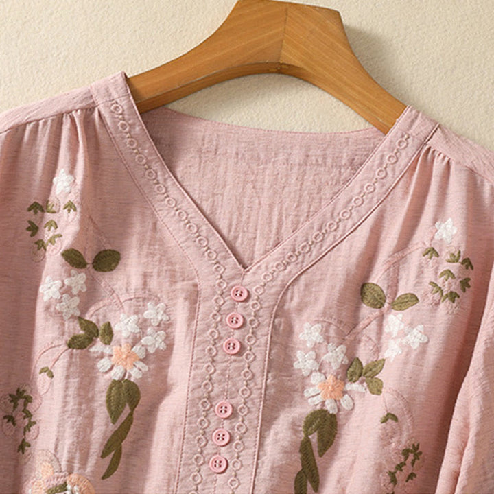 Maglietta da donna in cotone con scollo a V, ricamo Buddha Stones Flowers Leaves - image 3