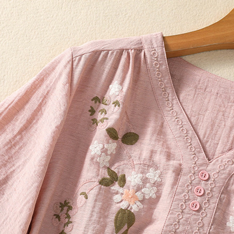 Maglietta da donna in cotone con scollo a V, ricamo Buddha Stones Flowers Leaves - image 5
