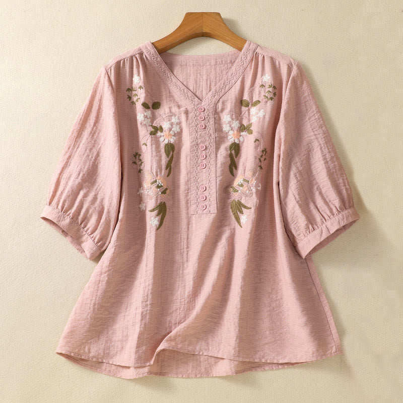 Maglietta da donna in cotone con scollo a V, ricamo Buddha Stones Flowers Leaves - Rosa - US14, UK/AU18, EU46 (2XL) - image 1