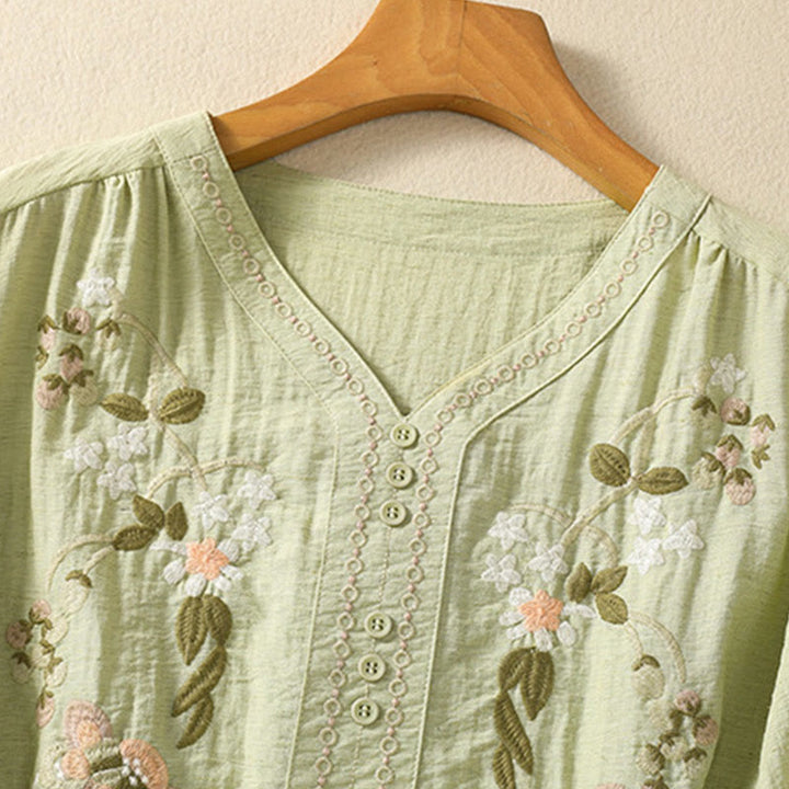 Maglietta da donna in cotone con scollo a V, ricamo Buddha Stones Flowers Leaves - image 13