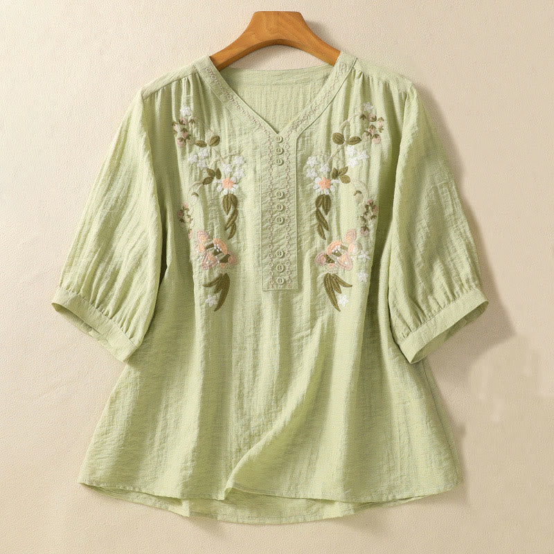 Maglietta da donna in cotone con scollo a V, ricamo Buddha Stones Flowers Leaves - Verde chiaro - US14, UK/AU18, EU46 (2XL) - image 11