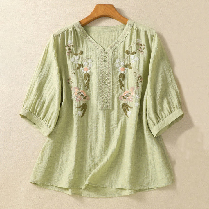 Maglietta da donna in cotone con scollo a V, ricamo Buddha Stones Flowers Leaves - Verde chiaro - US14, UK/AU18, EU46 (2XL) - image 11