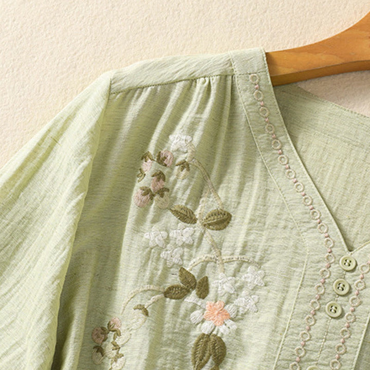 Maglietta da donna in cotone con scollo a V, ricamo Buddha Stones Flowers Leaves - image 15