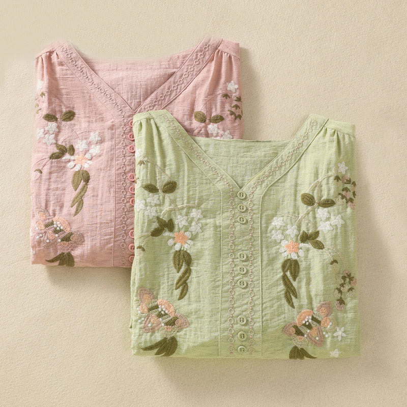 Maglietta da donna in cotone con scollo a V, ricamo Buddha Stones Flowers Leaves - image 21