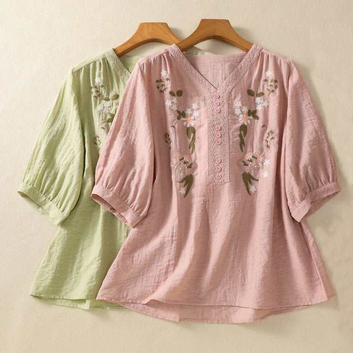 Maglietta da donna in cotone con scollo a V, ricamo Buddha Stones Flowers Leaves - image 20