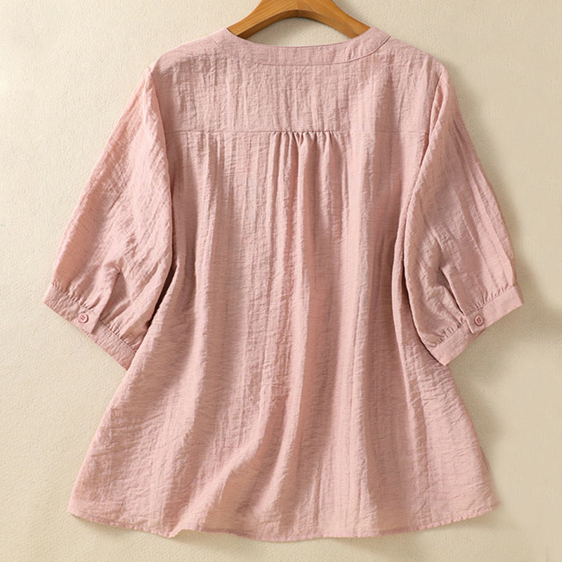 Maglietta da donna in cotone con scollo a V, ricamo Buddha Stones Flowers Leaves - image 2