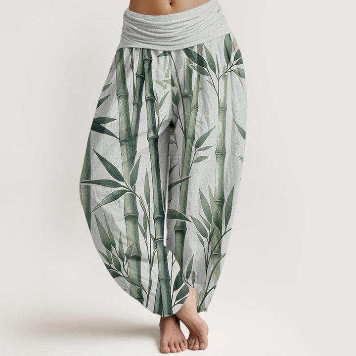 Pantaloni harem da donna con elastico in vita, in puro cotone, casual, con motivo a foglie di bambù, motivo Buddha Stones