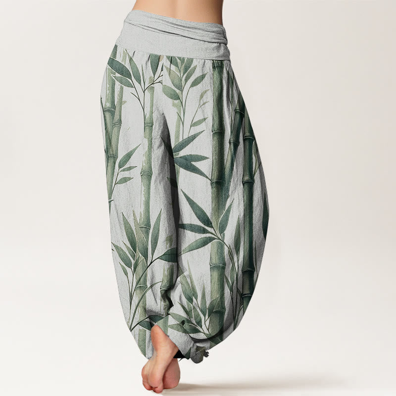 Pantaloni harem da donna con elastico in vita, in puro cotone, casual, con motivo a foglie di bambù, motivo Buddha Stones