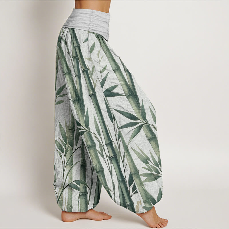Pantaloni harem da donna con elastico in vita, in puro cotone, casual, con motivo a foglie di bambù, motivo Buddha Stones