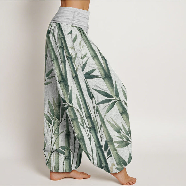 Pantaloni harem da donna con elastico in vita, in puro cotone, casual, con motivo a foglie di bambù, motivo Buddha Stones